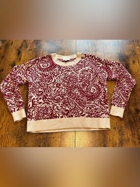 LOFT Cream and Burgundy Paisley Knit Sweater